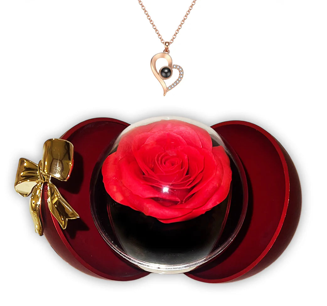 Christmas Bow Ball with Rose & "I love you" Necklace